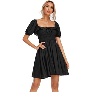 image:imageRVivimos Womens Summer Cotton Short Sleeve Square Neck Elastic Smocked Ruffle Floral Print Swing Mini DressBlack