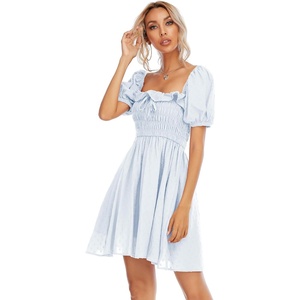 image:imageRVivimos Womens Summer Cotton Short Sleeve Square Neck Elastic Smocked Ruffle Floral Print Swing Mini DressLightblue