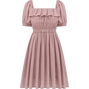 image:imageRVivimos Womens Summer Cotton Short Sleeve Square Neck Elastic Smocked Ruffle Floral Print Swing Mini DressMauve