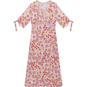 image:imageRVivimos Womens Summer Cotton Short Sleeves Boho VNeck Button Up Floral Print Front Slit Midi DressWhitepink