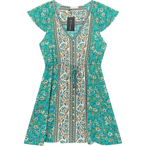 image:imageRVivimos Womens Summer Cotton Short Sleeves VNeck Floral Print Button Up Boho Mini DressGreen