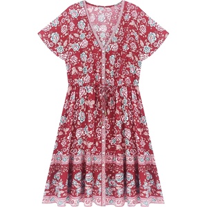 image:imageRVivimos Womens Summer Cotton Short Sleeves VNeck Floral Print Button Up Boho Mini DressRed