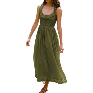 image:imageRVivimos Womens Summer Cotton Sleeveless Midi Dresses Vintage Lace Trim Button Up Tie Waist Casual ALine Flowy Long DressesArmygreen