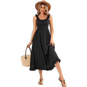 image:imageRVivimos Womens Summer Cotton Sleeveless Midi Dresses Vintage Lace Trim Button Up Tie Waist Casual ALine Flowy Long DressesBlack