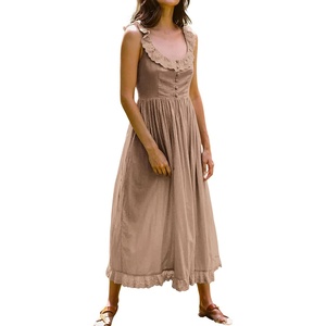image:imageRVivimos Womens Summer Cotton Sleeveless Midi Dresses Vintage Lace Trim Button Up Tie Waist Casual ALine Flowy Long DressesKhaki