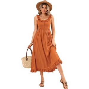 image:imageRVivimos Womens Summer Cotton Sleeveless Midi Dresses Vintage Lace Trim Button Up Tie Waist Casual ALine Flowy Long DressesOrange