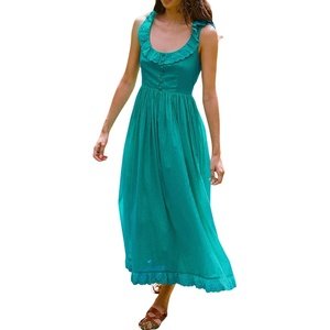 image:imageRVivimos Womens Summer Cotton Sleeveless Midi Dresses Vintage Lace Trim Button Up Tie Waist Casual ALine Flowy Long DressesTurquoise