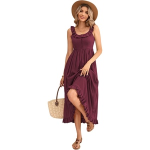 image:imageRVivimos Womens Summer Cotton Sleeveless Midi Dresses Vintage Lace Trim Button Up Tie Waist Casual ALine Flowy Long DressesWinered