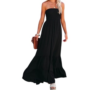 image:imageRVivimos Womens Summer Cotton Strapless Elastic Smocked Boho Beach Casual Flowy Maxi Tube DressesBlack2
