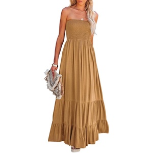 image:imageRVivimos Womens Summer Cotton Strapless Elastic Smocked Boho Beach Casual Flowy Maxi Tube DressesDarkyellow2