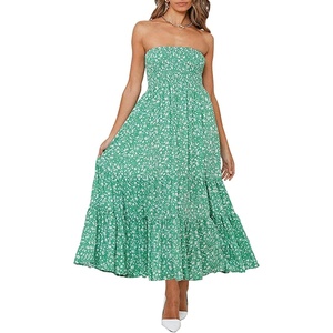 image:imageRVivimos Womens Summer Cotton Strapless Elastic Smocked Boho Beach Casual Flowy Maxi Tube DressesGreen2