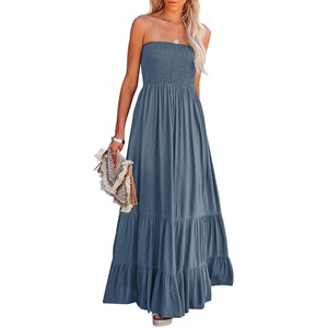 image:imageRVivimos Womens Summer Cotton Strapless Elastic Smocked Boho Beach Casual Flowy Maxi Tube DressesHazeblue2