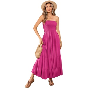 image:imageRVivimos Womens Summer Cotton Strapless Elastic Smocked Boho Beach Casual Flowy Maxi Tube DressesMagenta2