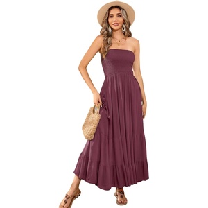 image:imageRVivimos Womens Summer Cotton Strapless Elastic Smocked Boho Beach Casual Flowy Maxi Tube DressesPurplered2