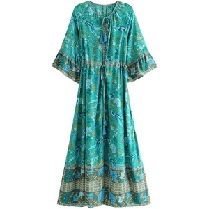 image:imageRVivimos Womens Summer Cotton Vintage Floral Half Sleeve Flowy Midi DressGreen