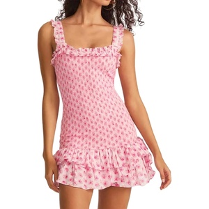 image:imageRVivimos Womens Summer Cute Strap Mini Dress Boho Casual Sleeveless Tiered Ruffle Stretchy Smocked Backless Bodycon DressesPink