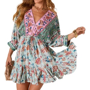 image:imageRVivimos Womens Summer Floral Dress 34 Sleeve Deep V Neck Boho Drawstring Backless Swing Mini DressLight Green