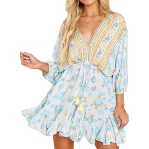 image:imageRVivimos Womens Summer Floral Dress 34 Sleeve Deep V Neck Boho Drawstring Backless Swing Mini DressSkyblue