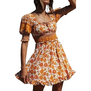 image:imageRVivimos Womens Summer Short Sleeve Cotton Floral Print Bohemian Mini DressYellow