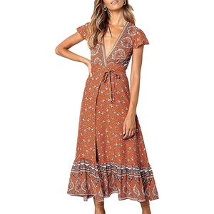 image:imageRVivimos Womens Summer Short Sleeve Floral Print Bohemian Beach Waist Tie Wrap Long Flowy Dress with SlitBurnt Orange