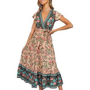 image:imageRVivimos Womens Summer Short Sleeve Floral Print Bohemian Beach Waist Tie Wrap Long Flowy Dress with SlitMulticolor1