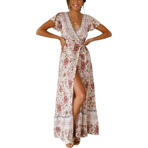 image:imageRVivimos Womens Summer Short Sleeve Floral Print Bohemian Beach Waist Tie Wrap Long Flowy Dress with SlitWhitePink
