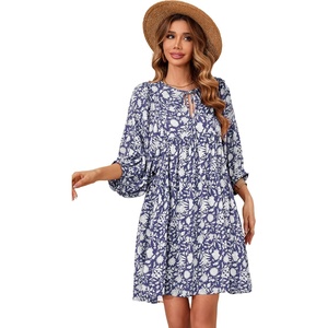 image:imageRVivimos Womens Summer V Neck Casual Dresses Lantern Sleeve Boho Floral Print Loose Flowy Mini DressDarkblue