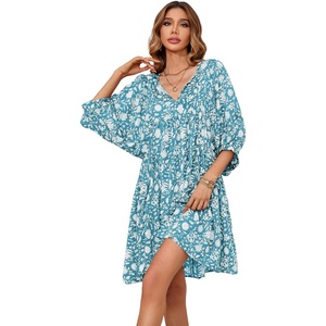 image:imageRVivimos Womens Summer V Neck Casual Dresses Lantern Sleeve Boho Floral Print Loose Flowy Mini DressLightblue