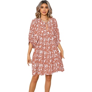 image:imageRVivimos Womens Summer V Neck Casual Dresses Lantern Sleeve Boho Floral Print Loose Flowy Mini DressOrange