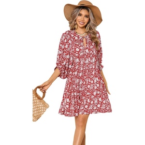 image:imageRVivimos Womens Summer V Neck Casual Dresses Lantern Sleeve Boho Floral Print Loose Flowy Mini DressRed