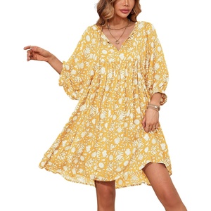 image:imageRVivimos Womens Summer V Neck Casual Dresses Lantern Sleeve Boho Floral Print Loose Flowy Mini DressYellow