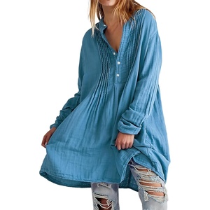 image:imageRVivimos Womens Tunic Dress Fall Cotton Button Down Long Sleeves Casual Mini Shirt DressBlue