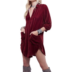 image:imageRVivimos Womens Velvet Long Sleeve Pocket Casual Mini Shirt DressBurgundy