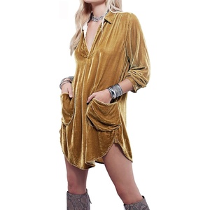 image:imageRVivimos Womens Velvet Long Sleeve Pocket Casual Mini Shirt DressGold