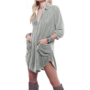 image:imageRVivimos Womens Velvet Long Sleeve Pocket Casual Mini Shirt DressSilver