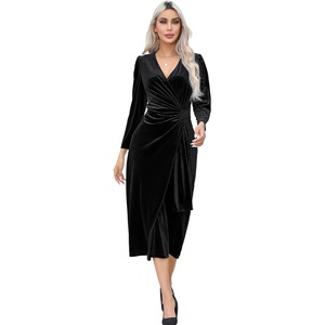 image:imageRVivimos Womens Velvet V Neck Wrap Dress Fall Winter Long Sleeve Waist Ruched Elastic Elegant Midi DressBlack