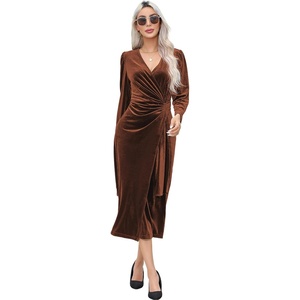 image:imageRVivimos Womens Velvet V Neck Wrap Dress Fall Winter Long Sleeve Waist Ruched Elastic Elegant Midi DressBrown
