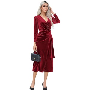 image:imageRVivimos Womens Velvet V Neck Wrap Dress Fall Winter Long Sleeve Waist Ruched Elastic Elegant Midi DressBurgundy