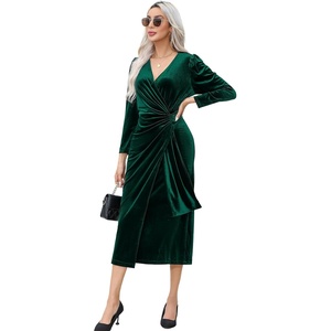 image:imageRVivimos Womens Velvet V Neck Wrap Dress Fall Winter Long Sleeve Waist Ruched Elastic Elegant Midi DressDarkgreen