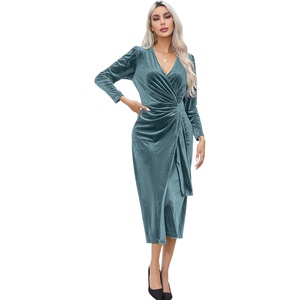 image:imageRVivimos Womens Velvet V Neck Wrap Dress Fall Winter Long Sleeve Waist Ruched Elastic Elegant Midi DressHaze Blue