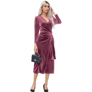 image:imageRVivimos Womens Velvet V Neck Wrap Dress Fall Winter Long Sleeve Waist Ruched Elastic Elegant Midi DressMulberry