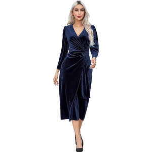 image:imageRVivimos Womens Velvet V Neck Wrap Dress Fall Winter Long Sleeve Waist Ruched Elastic Elegant Midi DressNavyblue