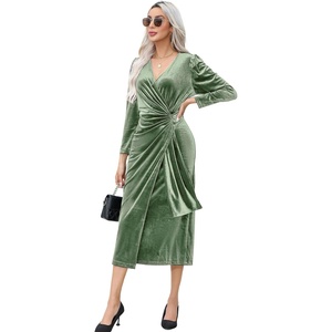 image:imageRVivimos Womens Velvet V Neck Wrap Dress Fall Winter Long Sleeve Waist Ruched Elastic Elegant Midi DressSage Green