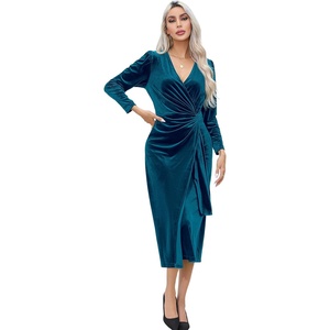 image:imageRVivimos Womens Velvet V Neck Wrap Dress Fall Winter Long Sleeve Waist Ruched Elastic Elegant Midi DressTeal