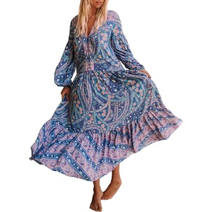 image:imageRVivimos Womenss Cotton Long Sleeve Vintage Floral Bohemian Beach V Neck Bottons Casual Maxi DressesBlue