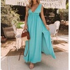 image:imageRVivimos Boho Dress for Women Sexy Deep V Neck Sleeveless Hollow Out Backless Casual Side Slit Maxi DressTurquoise