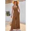 image:imageRVivimos Jumpsuits for Women Summer Cotton Sleeveless Smocked Casual One Piece Vacation Wide Leg Long Rompers with PocketsBrown