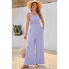 image:imageRVivimos Jumpsuits for Women Summer Cotton Sleeveless Smocked Casual One Piece Vacation Wide Leg Long Rompers with PocketsPurple