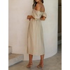 image:imageRVivimos Summer Dress for Women Cotton Plaid Puff Sleeves Casual OffShoulder Boho Side Slit Midi DressKhaki