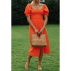 image:imageRVivimos Summer Dress for Women Cotton Plaid Puff Sleeves Casual OffShoulder Boho Side Slit Midi DressOrange